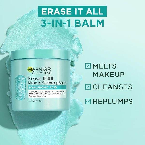 ⁦Garnier Erase It All Makeup Cleansing Balm with Hyaluronic Acid, Replumping Facial Cleanser and Makeup Remover, 4.2 Oz⁩ - الصورة ⁦2⁩