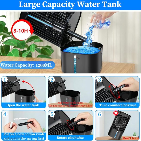 ⁦Upgraded Portable Air Conditioners- Evaporative Air Cooler,Portable AC with 3 Wind Speed & Mist, Mini Cooling Fan Personal Air Conditioner with 7 Night Light & 2-4H Timer for Bedroom Office Home-Black⁩ - الصورة ⁦3⁩