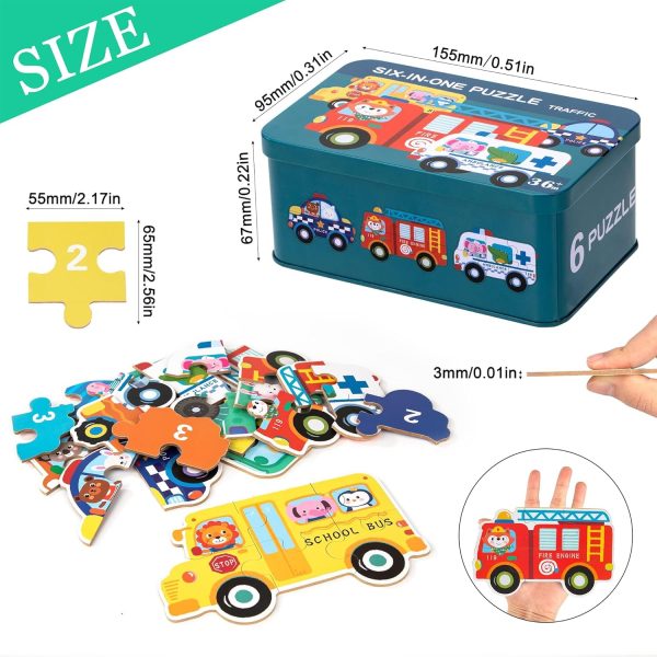 ⁦Wooden Puzzles for Kids, 6 Pack Vehicle Jigsaw Puzzle Toy, Varying Degree of Difficulty Educational Learning Tool with Storage Box, Traveling Games Gift for 3 Year Old Girls & Boys Toddler Children⁩ - الصورة ⁦4⁩