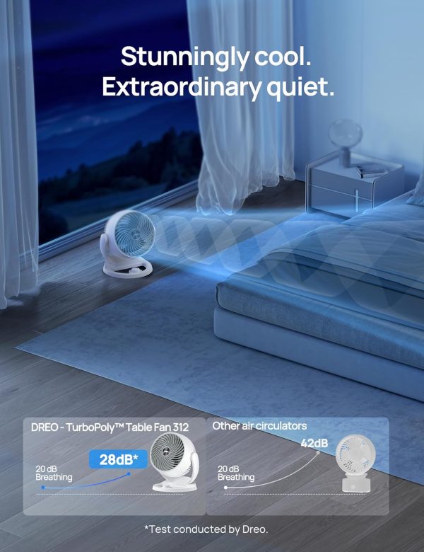 ⁦Dreo 11.8" Air Circulator Fan, Desk Fan, 70ft Whole Room Air Circulation, Table Fan, 120° adjustable tilt, 3 Speed, 28db Low Noise, Quiet, Portable Fan for Bedroom, Office, Kitchen, Home, White⁩ - الصورة ⁦6⁩