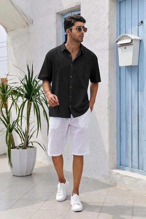 ⁦Mens Beach Linen Shirts Short Sleeve Cuban Button Down Casual Summer T Shirt Guayabera Hawaiian Tee Loose Fit Tops⁩ - الصورة ⁦5⁩