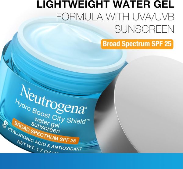 ⁦Neutrogena Hydro Boost City Shield Water Gel with Hydrating Hyaluronic Acid, Facial Moisturizer with Broad Spectrum SPF 25 Sunscreen, Oil-Free, Alcohol-Free, Non-Comedogenic, 1.7 oz⁩ - الصورة ⁦5⁩