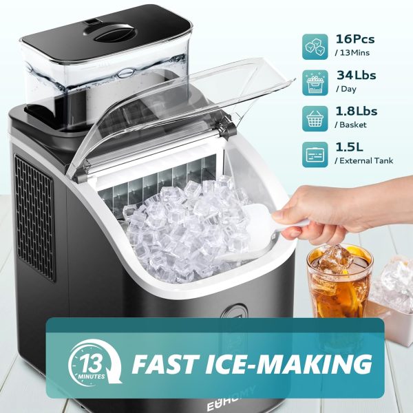 ⁦EUHOMY Ice Cube Maker Machine Countertop with External Water Tank, 34Lbs, 16Pcs Ready in 13 Mins, 2 Ways to Add Water, Auto-Cleaning, with Ice Scoop & Basket, for Home/Kitchen/Office/Bar (Black)⁩ - الصورة ⁦2⁩
