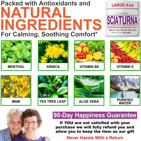 ⁦Sciatica Nerve Cream - Maximum Strength Comfort Cream for Feet, Hands, Legs, Toes, Back - Natural Ultra Strength Arnica, MSM, Menthol, Soothing Comfort, Large 4 Oz⁩ - الصورة ⁦3⁩