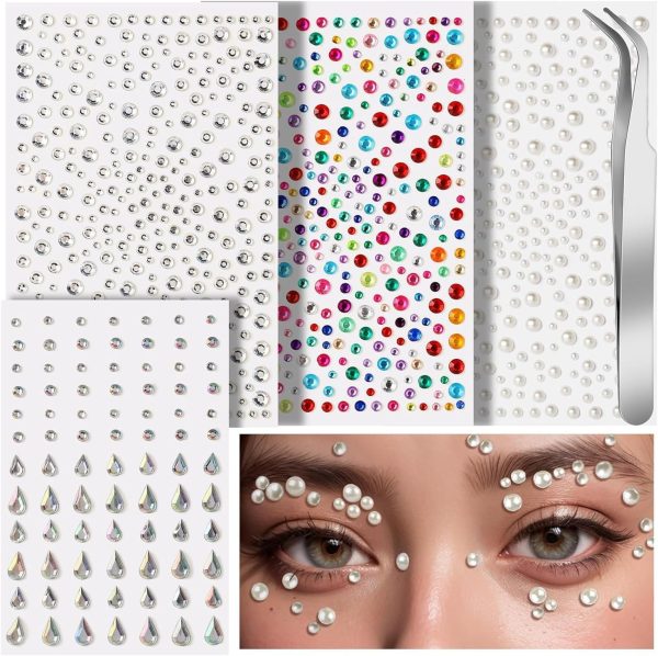 Paporich Self Adhesive Face Gems and Pearls for Makeup, Festival Jewels, Hair Gems, Rhinestone Stickers for Face, Eye, Makeup, Nail, Body, Crafts