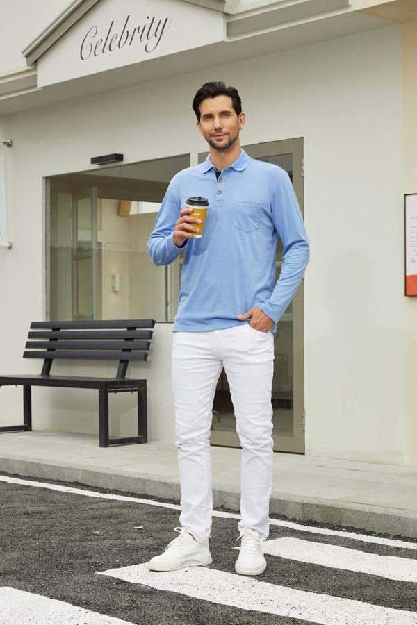 ⁦Men's Casual Polo Shirts Classic Button Basic Long Sleeve Shirt Solid Color Cotton Tees Stylish Tops⁩ - الصورة ⁦3⁩