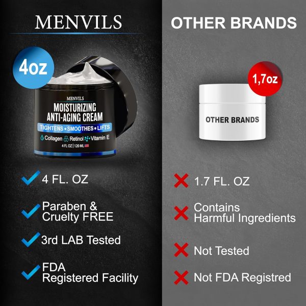 ⁦Menvils Mens Face Moisturizer Cream - Anti Aging & Wrinkle for Men with Collagen, Retinol, Vitamins E, Jojoba Oil - Face Lotion - Age Facial Skin Care - Eye Wrinkle - Day & Night - Made in USA, 4 oz⁩ - الصورة ⁦5⁩