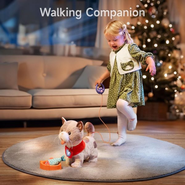 ⁦Interactive Electronic Plush Cat Toy for Kids, Realistic Walking Cat Toy That Walks, Meows,Tongues Out and Wags Tail, Kitten Pet Toy with Leash, Birthday Boys and Girls 3 4 5 6 7 Years Old⁩ - الصورة ⁦5⁩