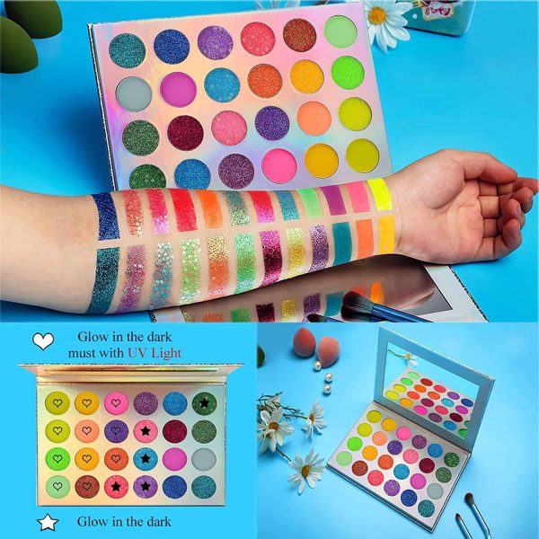 ⁦Glow in the Dark Makeup, Face Body Paint Neon, UV Glow in the Dark, Matte, and Glitter, 24 Colors Highly Pigmented Eyeshadow Kit with 4 Brushes for New Year Face Body Makeup Non-Toxic & Smudgeproof⁩ - الصورة ⁦2⁩