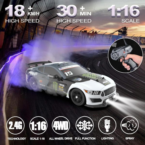 ⁦Desdoni RC Drift Car 1:16 4WD 18KM/H 2.4GHz with LED Lights Rubber Tire Racing Sports Toy Unisex Boys Girls Gift 2 Rechargeable Batteries⁩ - الصورة ⁦2⁩