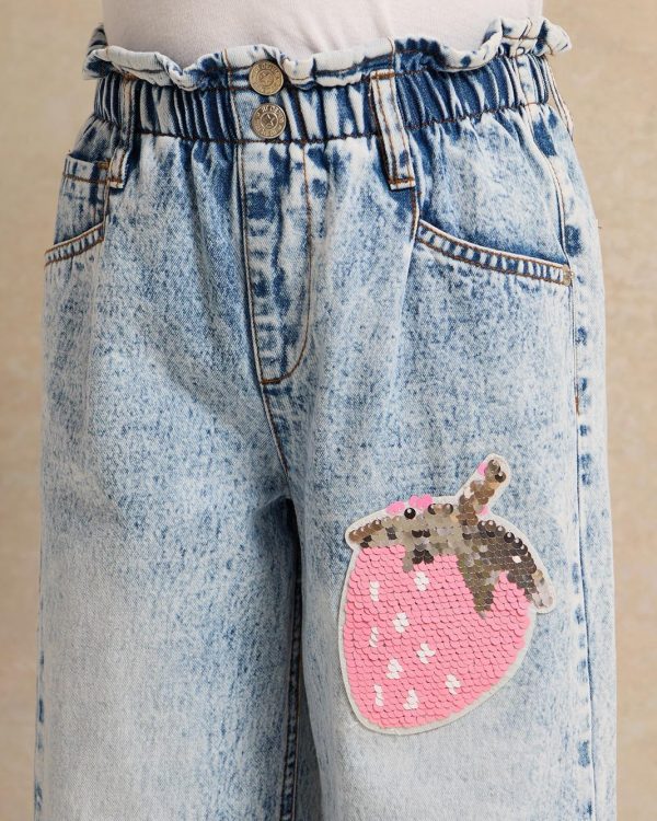 ⁦REDTAG Girls Blue Embellished Wide Leg Jeans⁩ - الصورة ⁦4⁩