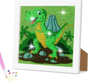 5D Diamond Art Kit for Kids, with Wooden Frame, Cartoon Diamonds Art Easy Kits, Small Anime Diamonds Painting Full Drill Diamond Art Gem Painting for Girls Boys Beginners, Home Wall Decor (Dinosaur)