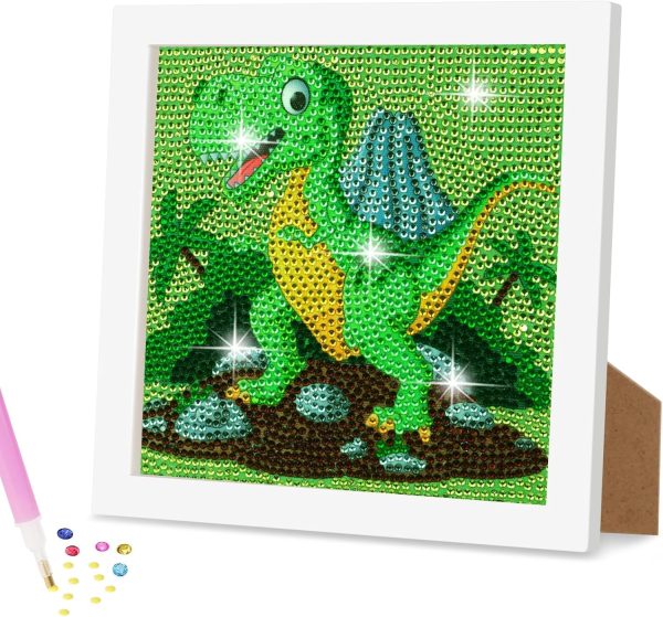 5D Diamond Art Kit for Kids, with Wooden Frame, Cartoon Diamonds Art Easy Kits, Small Anime Diamonds Painting Full Drill Diamond Art Gem Painting for Girls Boys Beginners, Home Wall Decor (Dinosaur)