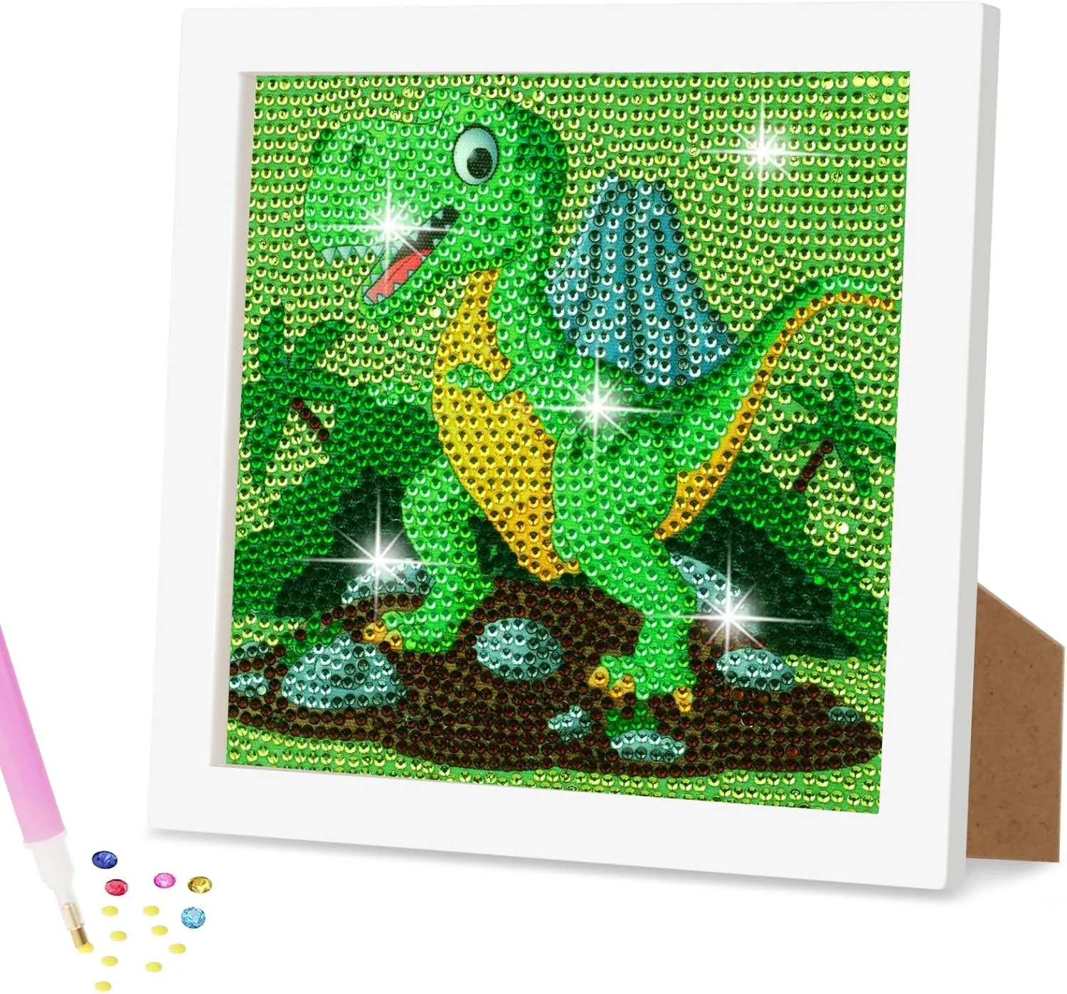 5D Diamond Art Kit for Kids, with Wooden Frame, Cartoon Diamonds Art Easy Kits, Small Anime Diamonds Painting Full Drill Diamond Art Gem Painting for Girls Boys Beginners, Home Wall Decor (Dinosaur)
