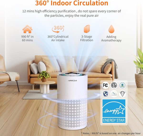 ⁦AIRROMI Air Purifier for Bedroom with HEPA 3-in-1 Filter, Pet Air Purifier for Home Cat Pee Smell, Covers Upto 990 Ft², Quiet 360° intake Air Cleaner for pet hair,allergies,Dust,Smoke A2001 White⁩ - الصورة ⁦2⁩