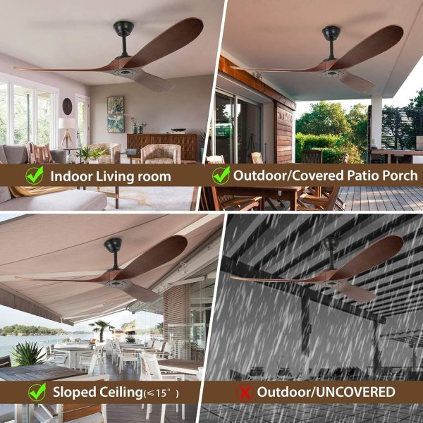 ⁦LIWEGHT 52inch Modern Ceiling Fan with Remote,Indoor/Outdoor Ceiling Fan,3 Walnut Wood Blades, Noiseless Reversible DC Motor,6-Speed for Patio,Bedroom,Living Room,No Light⁩ - الصورة ⁦5⁩