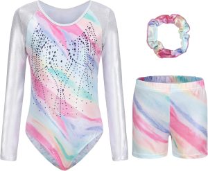 SEAUR Girls Long Sleeve Gymnastics Leotards with Shorts Sparkly Dance Athletic Outfits 3 Piece
