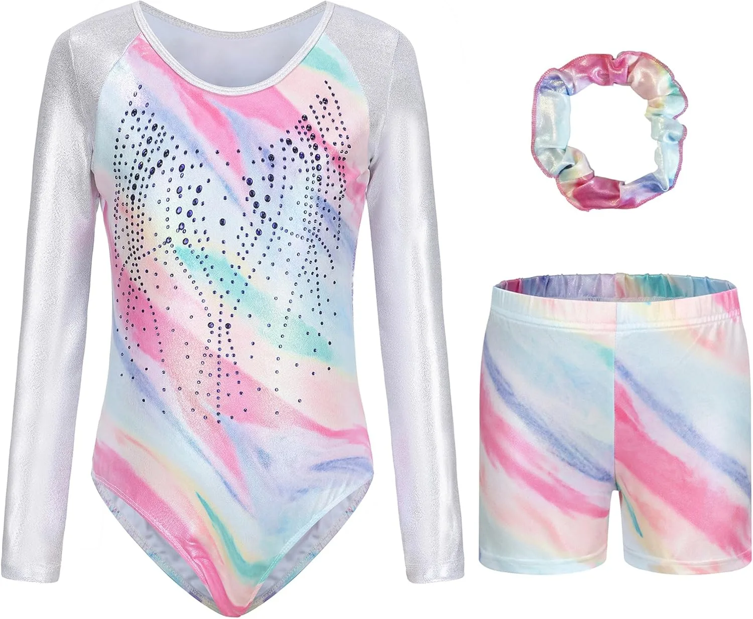SEAUR Girls Long Sleeve Gymnastics Leotards with Shorts Sparkly Dance Athletic Outfits 3 Piece