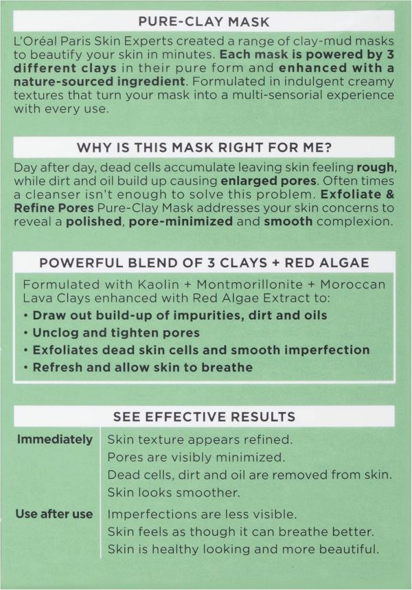 ⁦Clay Facial Mask, L'Oreal Paris Skincare Pure Clay Face Mask with Red Algae for Clogged Pores to Exfoliate And Refine Pores, Charcoal Face Wash, Exfoliating Cleanser, at home face mask, 1.7 oz.⁩ - الصورة ⁦3⁩
