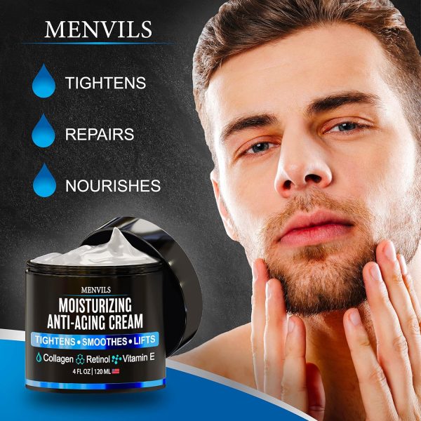 ⁦Menvils Mens Face Moisturizer Cream - Anti Aging & Wrinkle for Men with Collagen, Retinol, Vitamins E, Jojoba Oil - Face Lotion - Age Facial Skin Care - Eye Wrinkle - Day & Night - Made in USA, 4 oz⁩ - الصورة ⁦2⁩