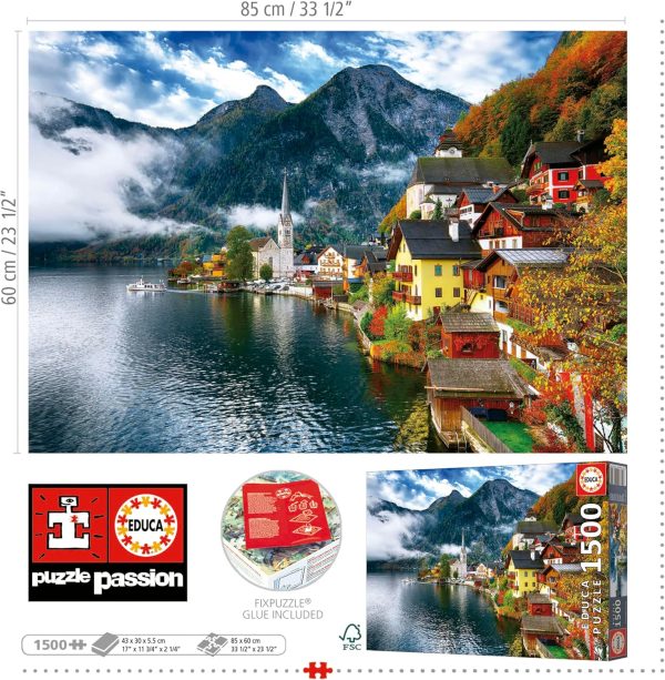 ⁦Educa - Hallstatt, Austria - 1500 Piece Jigsaw Puzzle - Puzzle Glue Included - Completed Image Measures 33.46" x 23.6" - Ages 14+ (19939)⁩ - الصورة ⁦3⁩
