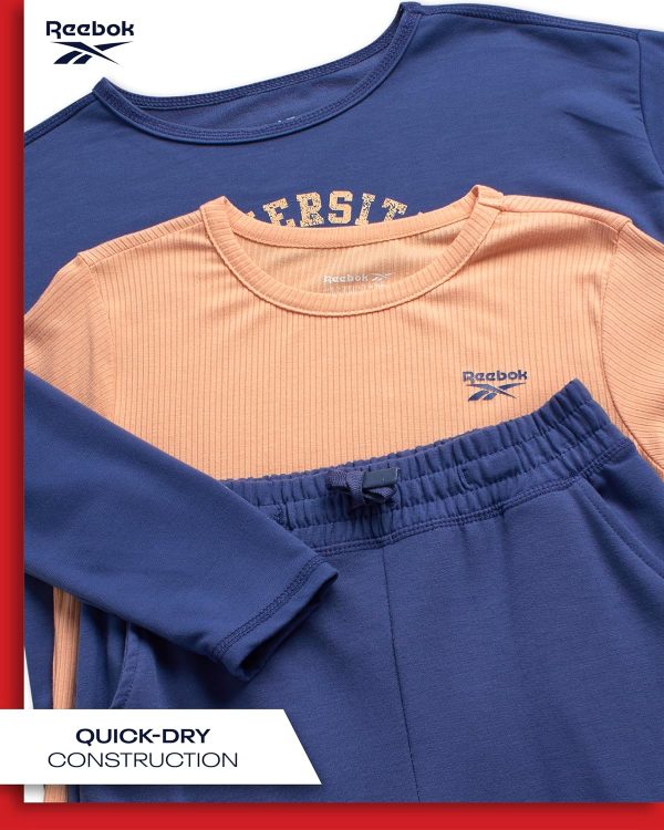 ⁦Reebok Girls' Active Leggings Set - 3 Piece Mesh Shirt, Capri Leggings, and Crop Cami Sports Bra - Summer Activewear (7-12)⁩ - الصورة ⁦3⁩