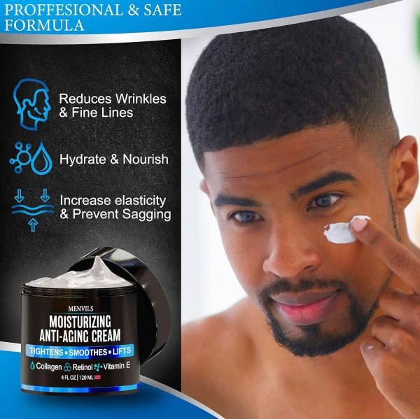 ⁦Menvils Mens Face Moisturizer Cream - Anti Aging & Wrinkle for Men with Collagen, Retinol, Vitamins E, Jojoba Oil - Face Lotion - Age Facial Skin Care - Eye Wrinkle - Day & Night - Made in USA, 4 oz⁩ - الصورة ⁦4⁩
