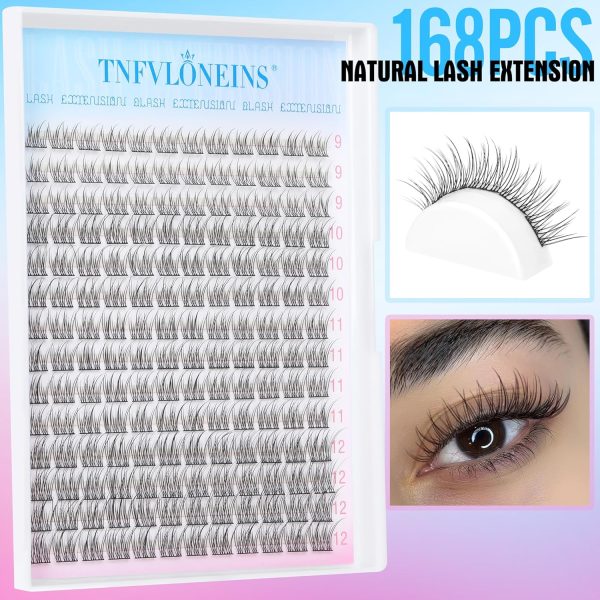 ⁦TNFVLONEINS Natural Lash Extension Kit 168Pcs Lash Clusters Kit Wispy Eyelash Extensions 9-12MM Individual Lashes Extensions with Bond and Seal Lash Glue and Eyelash Extension Tweezers DIY at Home⁩ - الصورة ⁦3⁩