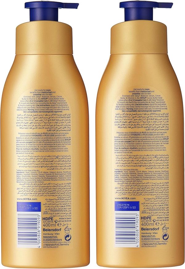 ⁦NIVEA Body Lotion for Dry Skin, Cocoa Butter, 5in1 Complete Care, 48H Deep Moisture, 2x400ml, Pack of 2⁩ - الصورة ⁦2⁩