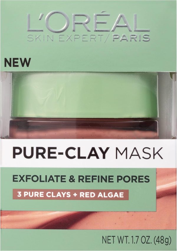 ⁦Clay Facial Mask, L'Oreal Paris Skincare Pure Clay Face Mask with Red Algae for Clogged Pores to Exfoliate And Refine Pores, Charcoal Face Wash, Exfoliating Cleanser, at home face mask, 1.7 oz.⁩ - الصورة ⁦2⁩