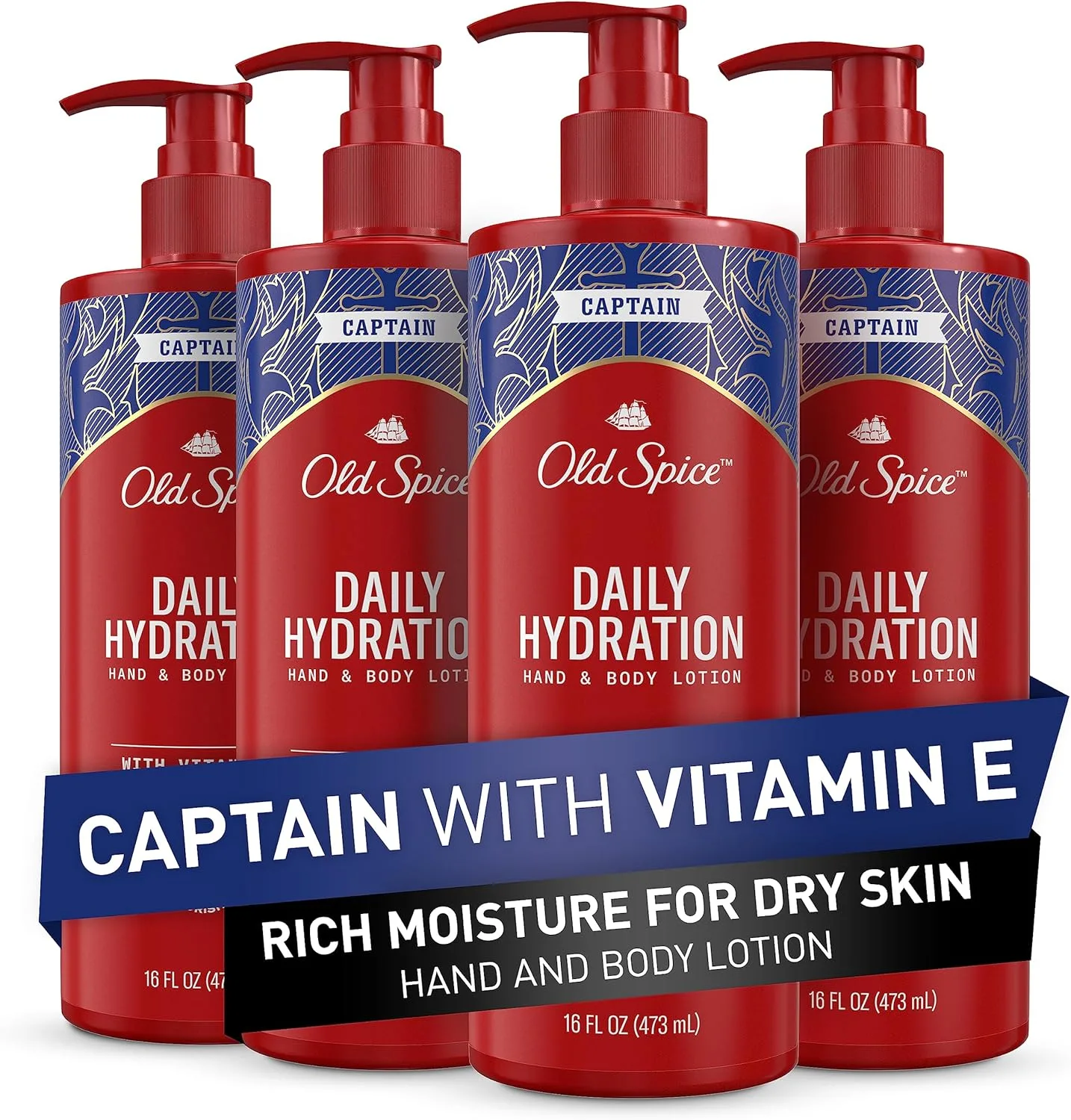 Old Spice Captain Daily Hydration Hand & Body Lotion 24/7 Shower Freshness With Vitamin E, 16 Fl Oz (Pack of 4)