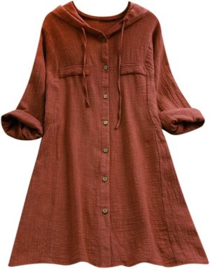 Blouse for Women Fankle Solid Cotton Linen Tops Tee Shirt Hooded Long Sleeve Casual Long Tunicï¼ˆPink,L)
