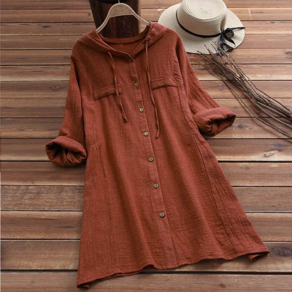 ⁦Blouse for Women Fankle Solid Cotton Linen Tops Tee Shirt Hooded Long Sleeve Casual Long Tunicï¼ˆPink,L)⁩ - الصورة ⁦2⁩