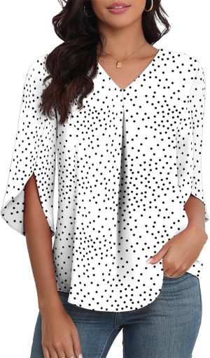 LAOLASI Womens Summer Chiffon Blouses 3/4 Sleeve V Neck Casual Loose Work Tops for Leggings 2025 Flowy Dressy Tshirts
