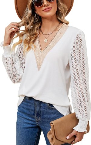 LEKOPUR Ladies Lace Long Sleeve Blouses Elegant V Neck Women's Blouses & Shirts Loose Casual Going Out Tunic Tops for Women