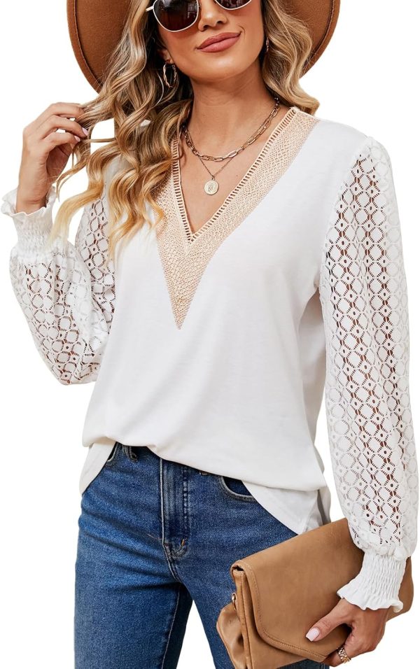 LEKOPUR Ladies Lace Long Sleeve Blouses Elegant V Neck Women's Blouses & Shirts Loose Casual Going Out Tunic Tops for Women