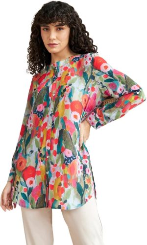 Leriya Fashion Rayon Vibrant Floral Printed Long Cuff Sleeves Button Closure Mandarin Collar Fancy Shirt Style Tops for Women Suitable for Office Party for Girls