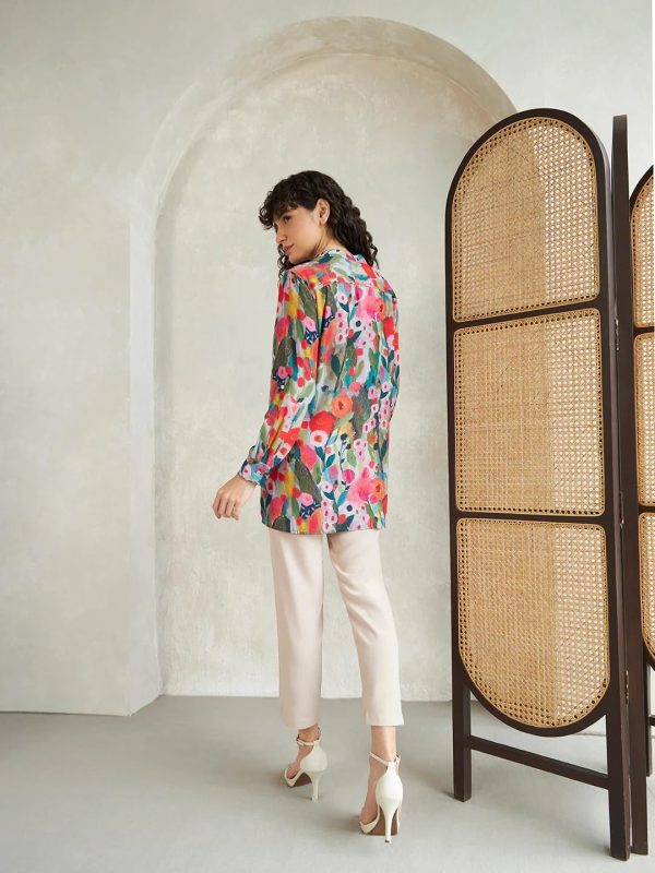 ⁦Leriya Fashion Rayon Vibrant Floral Printed Long Cuff Sleeves Button Closure Mandarin Collar Fancy Shirt Style Tops for Women Suitable for Office Party for Girls⁩ - الصورة ⁦2⁩