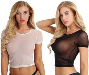 Mesh Crop Top for Women, Short Sleeve Bodycon Tees Y2k See Through Blouse, Women's Summer Mesh Tops, Plus Sheer Cropped Shirt, Black Crop Short Sleeve, O Neck Clubwear (2 Pack, Black, White)