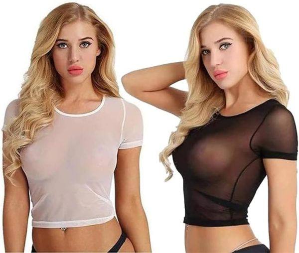 Mesh Crop Top for Women, Short Sleeve Bodycon Tees Y2k See Through Blouse, Women's Summer Mesh Tops, Plus Sheer Cropped Shirt, Black Crop Short Sleeve, O Neck Clubwear (2 Pack, Black, White)