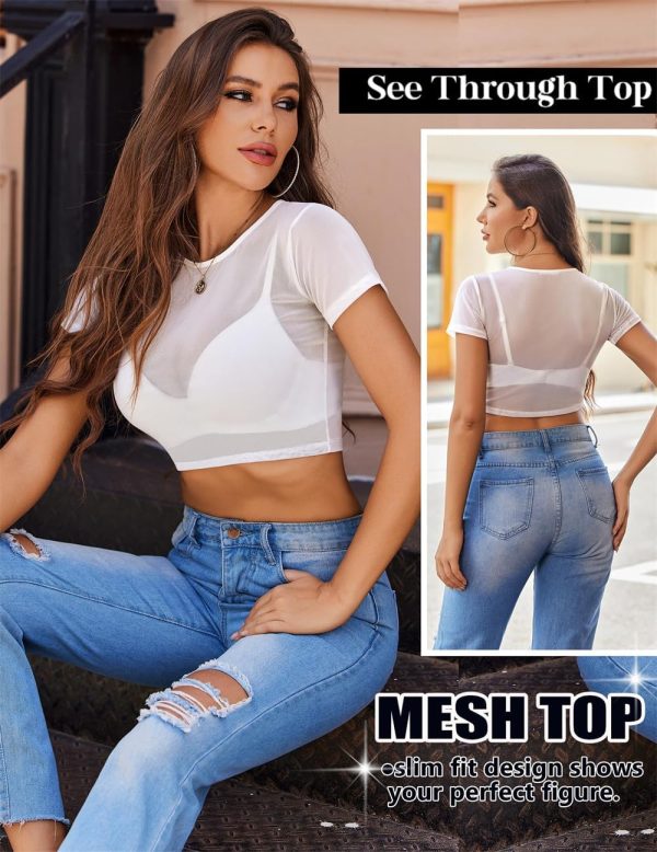 ⁦Mesh Crop Top for Women, Short Sleeve Bodycon Tees Y2k See Through Blouse, Women's Summer Mesh Tops, Plus Sheer Cropped Shirt, Black Crop Short Sleeve, O Neck Clubwear (2 Pack, Black, White)⁩ - الصورة ⁦2⁩