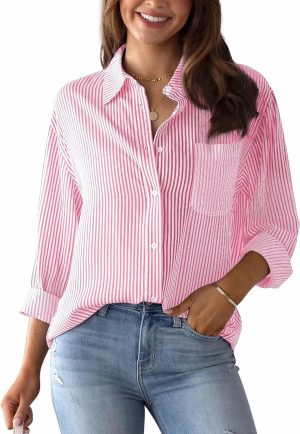 SEAUR Striped Linen Blouse Women Elegant Long Sleeve Casual V Neck Shirt Fashion Stylish Button Down Office Top Basic Summer Longline Tunics