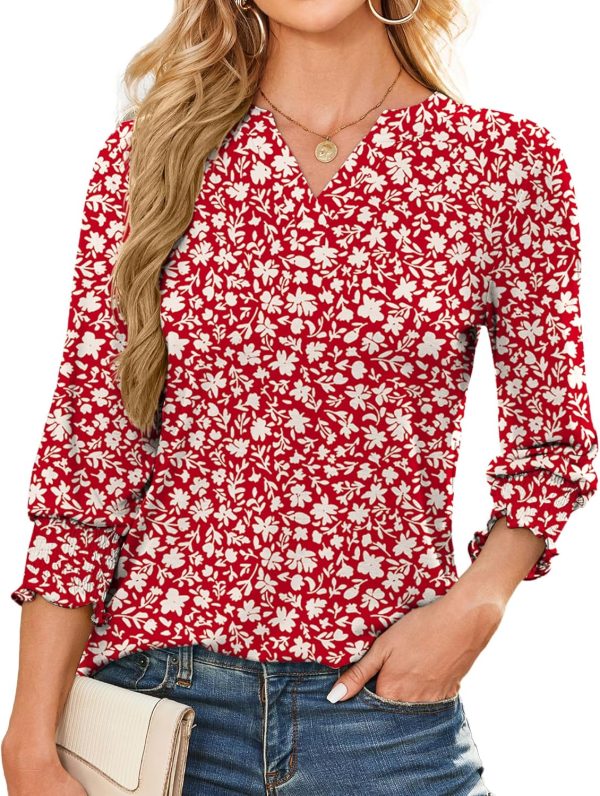 SEAUR Womens V Neck Puff Long Sleeve Tunic Blouses Tops Ruffle Sleeve 3/4 Bubble Sleeve Closure Dressy Casual T-Shirts