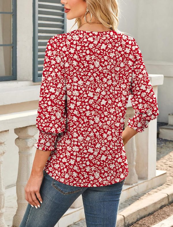 ⁦SEAUR Womens V Neck Puff Long Sleeve Tunic Blouses Tops Ruffle Sleeve 3/4 Bubble Sleeve Closure Dressy Casual T-Shirts⁩ - الصورة ⁦2⁩