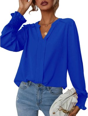 SYKT Womens Dressy Casual Tops V Neck Puff Ruffle Sleeve Blouses Trendy Long Sleeve Plain Blouses Shirts Tops
