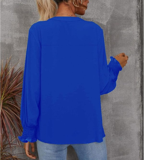 ⁦SYKT Womens Dressy Casual Tops V Neck Puff Ruffle Sleeve Blouses Trendy Long Sleeve Plain Blouses Shirts Tops⁩ - الصورة ⁦2⁩