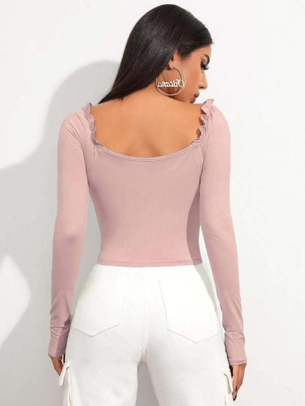⁦Shasmi Women's & Girls' Black Full Sleeve, Sweat Hear Neck, Frill Trim Ruched Crop Top for Women, Tops, T-Shirts for Girls⁩ - الصورة ⁦2⁩