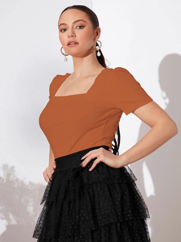 ⁦Shasmi Women's & Girl's Solid Knitted Square Neck T-Shirts Short Puff Sleeve Tops⁩ - الصورة ⁦2⁩