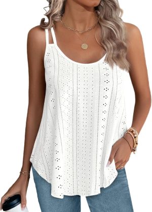 Sthxyfaith summer Women Tank workout Tops Dressy Casual Scoop Neck Cute Eyelet Embroidery Strap Camisole shirts for womens
