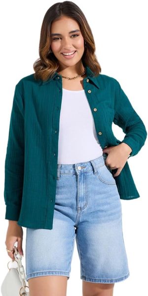 Styli Women 7005359613 Textured Oversized Shirt With Roll-Up Sleeves